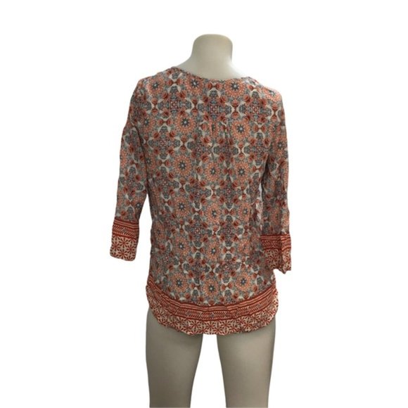 Lucy & Laurel Anthropologie Womens Boho Top Size Medium Orange/Blue Print Tassel - Picture 2 of 7